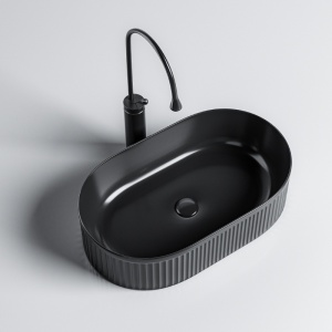 Lavoar ceramic oval cu caneluri cu montaj pe blat Elix Black Gloss 49 x 31 cm - Img 3
