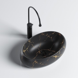 Lavoar ceramic oval cu fixare pe blat Cari Black&Marble Matt 50 x 31 cm - Img 3