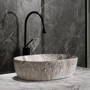 Lavoar ceramic oval cu fixare pe blat Neo Marble Grey Matt 48 x 34 cm - Img 13