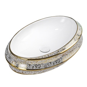 Lavoar ceramic oval cu interior alb si exterior cu decoratiuni aurii Yoko 60 x 40 cm - Img 7