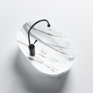 Lavoar ceramic oval cu montaj pe blat, marmura alb lucioasa Emi White Gloss 60 x 40 cm - Img 5