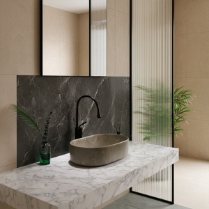 Lavoar ceramic oval din marmura bej cu montaj pe blat Navi 46 x 31 cm - Img 2
