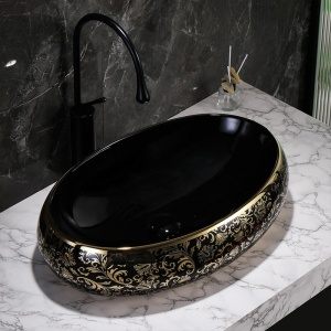 Lavoar ceramic oval negru cu decoratiuni aurii si montaj pe blat Cari 60 x 40 cm - Img 2