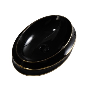 Lavoar ceramic oval negru cu linii aurii si montaj pe blat Yoko Black Gloss 60 x 40 cm - Img 7