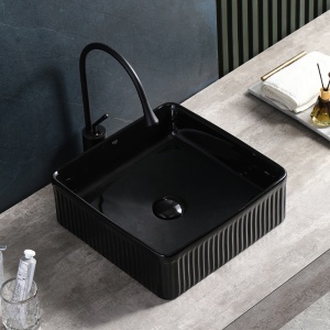 Lavoar ceramic patrat cu caneluri si montaj pe blat Aura Black Gloss 37 x 13 cm - Img 2