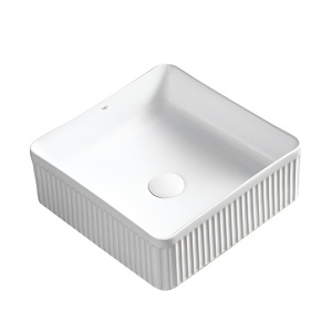 Lavoar ceramic patrat cu caneluri si montaj pe blat Aura White Gloss 37 x 37 cm