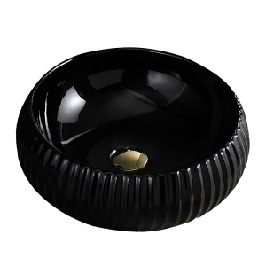 Lavoar ceramic rotund cu caneluri si montaj pe blat Naomi Black Gloss 40 x 15 cm