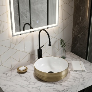 Lavoar ceramic rotund cu interior alb si exterior auriu si montaj pe blat Lava 36 x 12 cm - Img 2