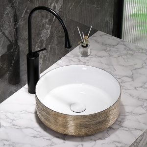 Lavoar ceramic rotund cu interior alb si exterior auriu si montaj pe blat Lava 36 x 12 cm - Img 12