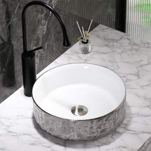 Lavoar ceramic rotund cu montaj pe blat Lava Silver 36 x 12 cm - Img 11
