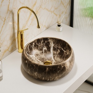 Lavoar ceramic rotund cu montaj pe blat Naomi Marble Brown 40 x 15 cm - Img 6