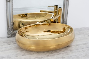 Lavoar De Blat REA MELANIA GOLD, Dimensiuni 60 X 40.5 X 14.5 Cm, Design Deosebit, Forma Ovala, Ceramica Sanitara, Auriu - Img 3
