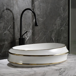 Lavoar oval cu montaj pe blat Yoko, alb cu rame aurii lucioase 60 x 40 cm - Img 5
