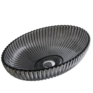 Lavoar oval din sticla cu caneluri Brillant Platinium Black Gloss 51 x 35 cm
