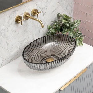 Lavoar oval din sticla cu caneluri Brillant Platinium Black Gloss 51 x 35 cm - Img 11