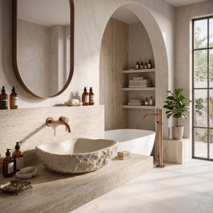 Lavoar pe blat Rea Isla Warm Beige cu textura de piatra naturala - Img 7