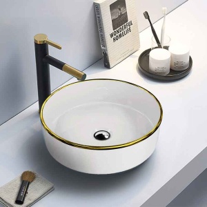 Lavoar rotund cu montare pe blat Spectrum Rosina Gold Line alb-auriu - Img 2