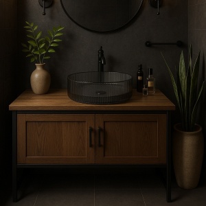 Lavoar rotund din sticla frezata cu caneluri si montaj pe blat Brillant Black 36 x 12 cm - Img 14