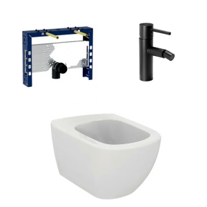 Pachet rama instalare Geberit Kombifix, bideu suspendat Ideal Standard Tesi alb si baterie bideu Rea Tess negru - Img 1