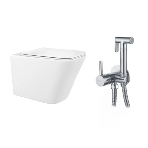 Pachet vas wc suspendat Rea, capac softclose si set dus igiena intima crom cu baterie incastrata Invena Bidetta - Img 1
