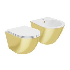 Set Bideu Mex Lenacarlo MINI si Vas Wc Lenacarlo MINI, Montaj Suspendat, Ceramica Sanitara, Capac Slim cu inchidere lenta, Culoare Alb/Auriu