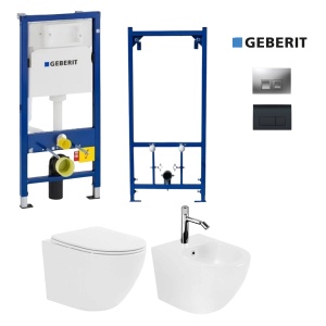 Set Bideu si Vas WC PRO Geberit, montaj suspendat, vas WC Fluminia Ricci Tornado Flush, alb, capac soft close + Bideu + Cadru + Clapeta