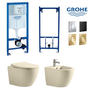 Set Bideu si vas WC PRO Grohe, montaj suspendat, vas WC Fluminia Ricci Tornado Flush, cappuccino mat, capac soft-close + Bideu + Cadru + Clapeta