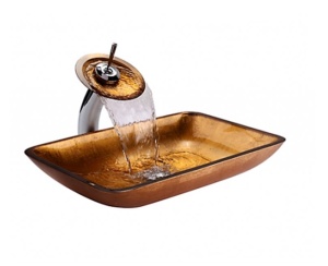 Set complet Chiuveta de blat PRO ERA GLASS si baterie, Dimensiuni 55 cm x 36 x 10 cm, Sticla temperata, Auriu - Img 1