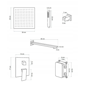 Set de dus incastrat, grafit periat, cap de dus subtire Veldman Quadro Grafit, 30 cm cu perie - Img 2