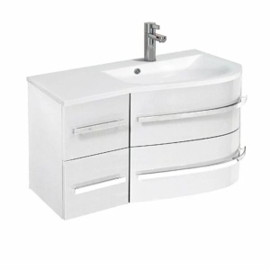 Set dulap baza suspendat si lavoar compozit dreapta Oristo Opal 90 cm alb lucios cu 4 sertare