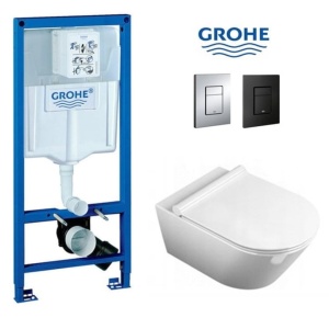 Set Vas WC PRO GROHE, Montaj Suspendat, Ceramica Sanitara, Vas WC SONET RIMLESS + Capac Soft-Close SLIM Inclus + Cadru + Clapeta - Img 1