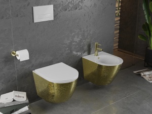 Set Vas Wc PRO Lenacarlo Auriu/Alb, model tip solzi , Tehnologie Rimless, Capac slim cu inchidere lenta - Img 5