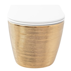 Set Vas WC REA CARLO BRUSH GOLD Si Lavoar REA FLORIA GOLD,Lavoar 465 X 330 X 135 mm,WC Suspendat 490 X 370 X 330 mm,Capac Soft-Close Inclus,Auriu/Alb - Img 5