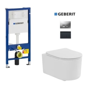 Set WC suspendat PRO Geberit montaj suspendat, vas WC Fluminia Roco alb, rimless protect, compact, capac soft-close + Cadru + Clapeta