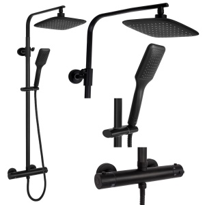 Sistem Complet De Dus REA TOM Montaj Pe Perete, Para Dreptunghiulara Tip Ploaie 25 x 17 Cm, 2 Functii De Curgere A Apei, Inaltime 120 cm, Negru - Img 1