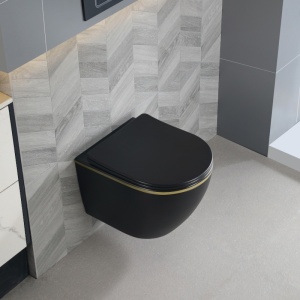 Vas de toaleta suspendat Mizu Black Matt&Gold, rimless, cu capac din duroplast cu softclose - Img 5