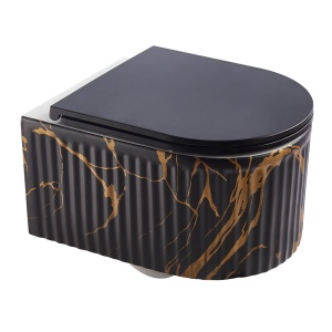 Vas de toaleta WS-W02L-P394-M suspendat cu caneluri, Negru cu model auriu, dimensiune 49X35.5X31CM