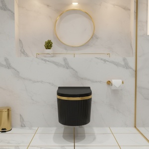 Vas de WC suspendat Luma Black Matt - Gold Brush cu caneluri – rimless, capac soft close - Img 10