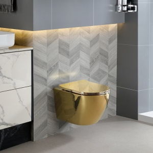 Vas WC suspendat Mizu Tornado Gold & White, rimless cu capac softclose - Img 2