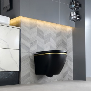 Vas WC suspendat Peak Black Matt&Gold, rimless si cu capac softclose - Img 4