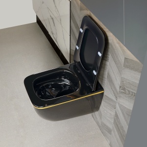 Vas WC suspendat Yuzu Tornado Black Glossy & Gold, rimless cu capac softclose - Img 9