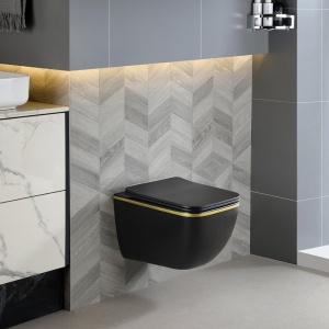 Vas WC suspendat Yuzu Tornado Black Matt & Gold, rimless cu capac softclose - Img 2