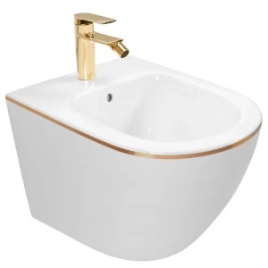 Bideu REA CARLO MINI, Montaj Suspendat, Ceramica Sanitara, 49.5x37x32.5 cm, Alb/Auriu - Img 2