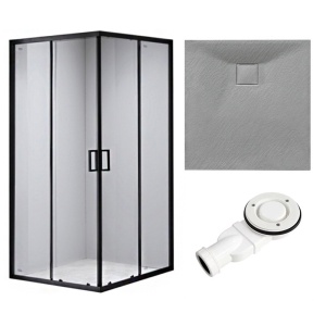 Cabina de dus din sticla securizata cu rame negre si cadita de dus slim gri BL30B/JUKO 90 x 90 cm