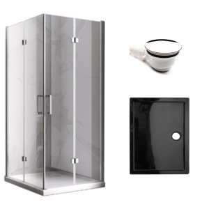 Cabina de dus dreptunghiulara din sticla securizata cu rame cromate si cadita neagra slim KZ12A/ST03E 90 x 80 cm