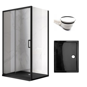 Cabina de dus dreptunghiulara din sticla securizata cu rame negre si cadita de dus neagra KZ103/ST03E 90 x 80 cm