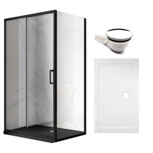 Cabina de dus dreptunghiulara din sticla securizata cu rame negre si cadita de dus alba slim KZ103A-ST03A 100 x 80 cm