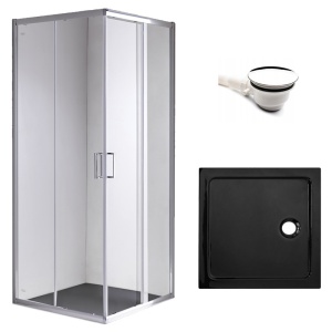 Cabina de dus patrata din sticla securizata cu cadita neagra slim KZ93C/ST06A 100 x 100 cm
