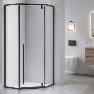 Cabina de dus pentagonala cu rame negre sticla securizata si cadita neagra BS07A/SXL07A 80 x 80 cm - Img 3