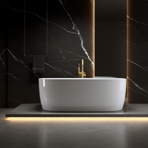 Cada de baie alb lucios cu montaj la perete, Nora 526D, 170 x 85 cm, deversor auriu periat - Img 2